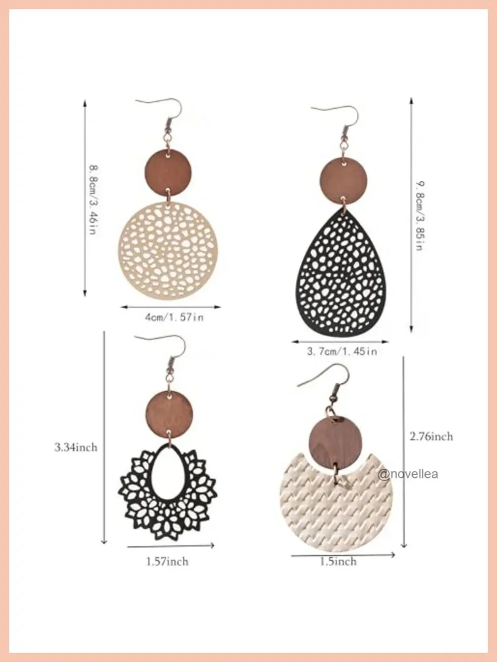 4 Pairs Wooden Dangle Earrings Boho Teardrop Hollow Geometric Drop Earrings Set